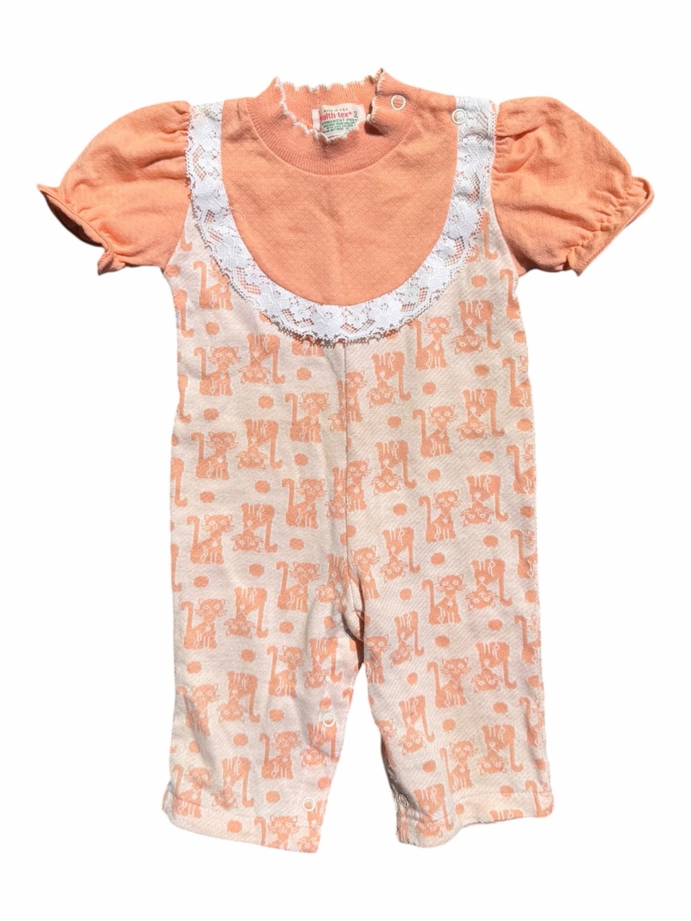 Health-Tex Vintage Romper Baby Girl 12M Peach Cat Print Lace Puff Sleeve
